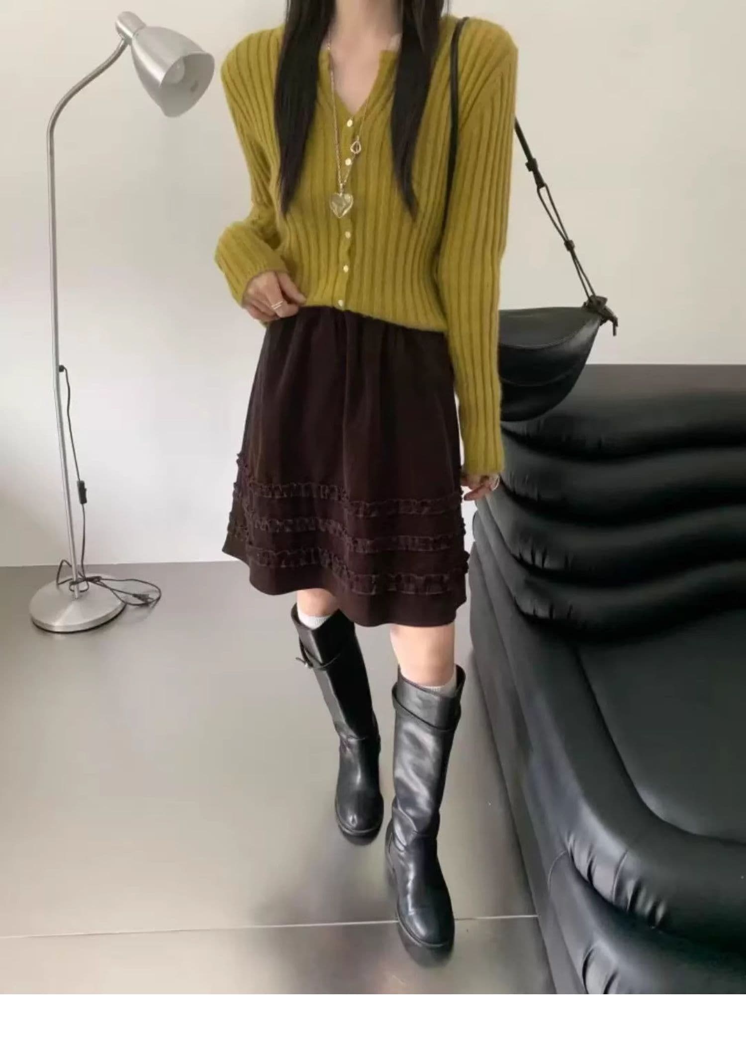 브라운 코듀로이 반신 스커트 일식 레트로 프릴 허리밴드 5 점 치마 작은 키 하이웨이스트 A라인 스커트 상세 이미지 2