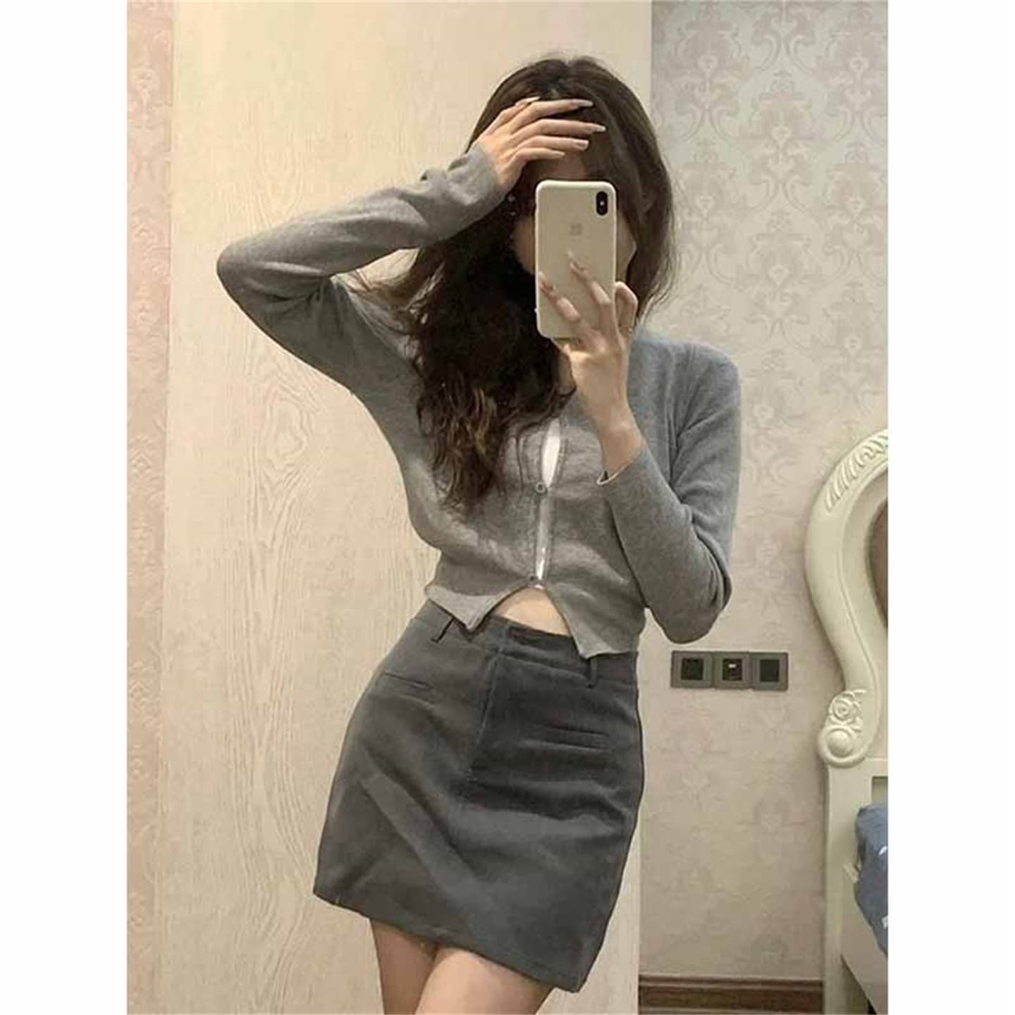 한 부서 회색 V넥 니트 오픈 가디건 여성 봄 가을 얇은 스타일 몸매 가꾸기 슬림해 보이는 허리 수축 긴팔 쇼트 스타일 작은 외부 잡아라. 의류 이미지 5