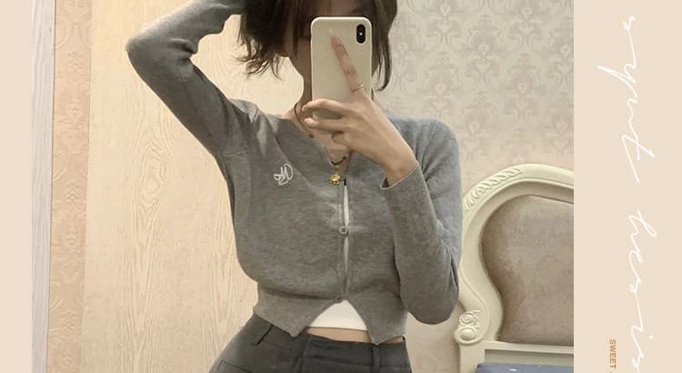 한 부서 회색 V넥 니트 오픈 가디건 여성 봄 가을 얇은 스타일 몸매 가꾸기 슬림해 보이는 허리 수축 긴팔 쇼트 스타일 작은 외부 잡아라. 의류 상세 이미지 5