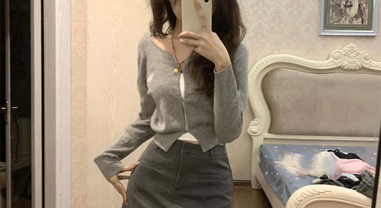 한 부서 회색 V넥 니트 오픈 가디건 여성 봄 가을 얇은 스타일 몸매 가꾸기 슬림해 보이는 허리 수축 긴팔 쇼트 스타일 작은 외부 잡아라. 의류 상세 이미지 13