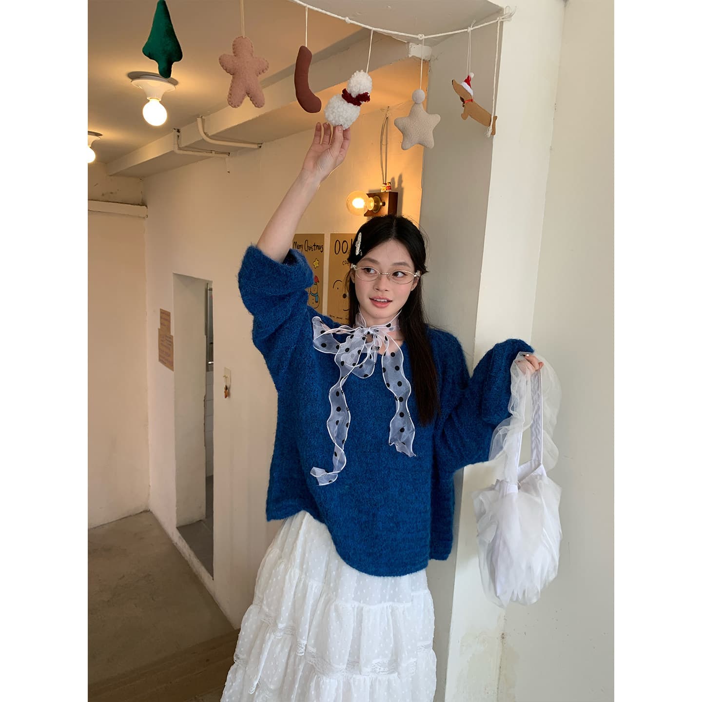 송 긍정적 인 En 한 부서 느긋한 바람 파란색 후드 풀오버 니트 스웨터 여자 봄 가을 루즈핏 슬림해 보이는 다용도 맨위 트렌디 이미지 2
