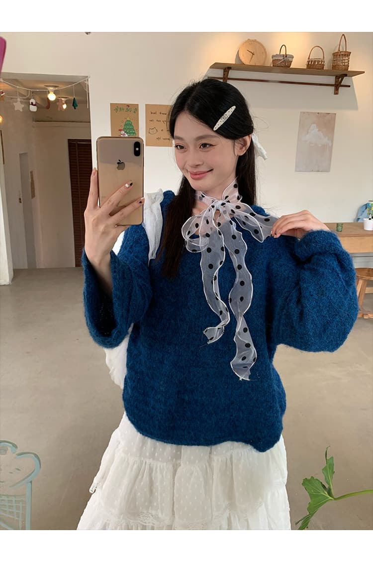 송 긍정적 인 En 한 부서 느긋한 바람 파란색 후드 풀오버 니트 스웨터 여자 봄 가을 루즈핏 슬림해 보이는 다용도 맨위 트렌디 상세 이미지 6