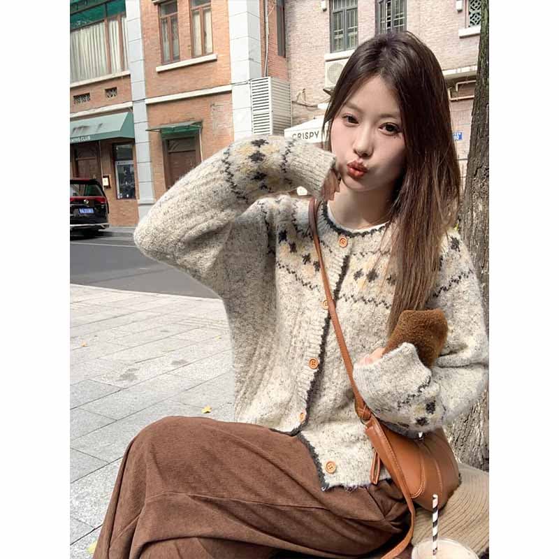 슈퍼 잘 생긴 작은 대중 한 부서 레트로 꽈배기 니트 오픈 가디건 여성 고대 복장 루즈핏 크리스마스 공정한 섬 스웨터 코트 이미지 2