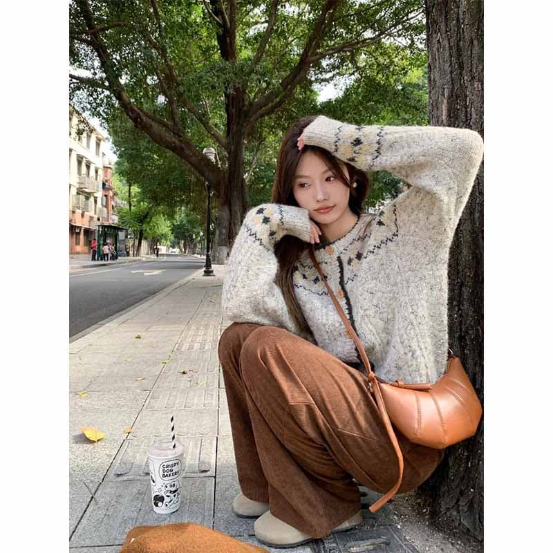슈퍼 잘 생긴 작은 대중 한 부서 레트로 꽈배기 니트 오픈 가디건 여성 고대 복장 루즈핏 크리스마스 공정한 섬 스웨터 코트 상세 이미지 3