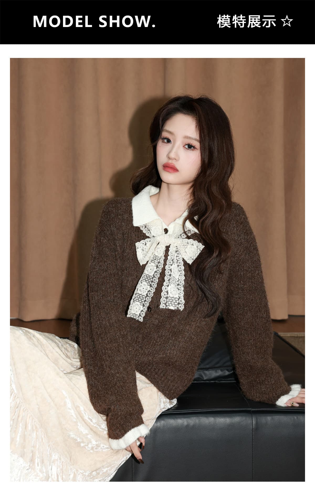 커피 색상 폴로 칼라 페이크 레이어드 스웨터 여자 가을 겨울 2026 겨울 새로운 두꺼운 니트 카디건 코트 쇼트 스타일 맨위 상세 이미지 1