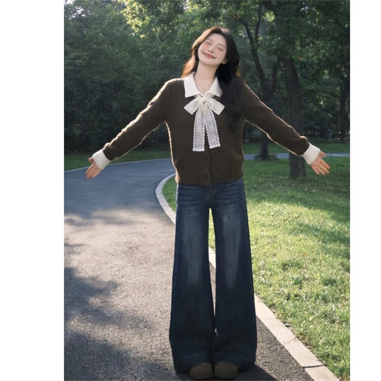 한 부서 분위기 센스 레이스 나비 매듭 스웨터 오픈 가디건 여성 가을 배색 POLO 칼라 와이드 부드러운 찹쌀 니트 재킷 이미지 4