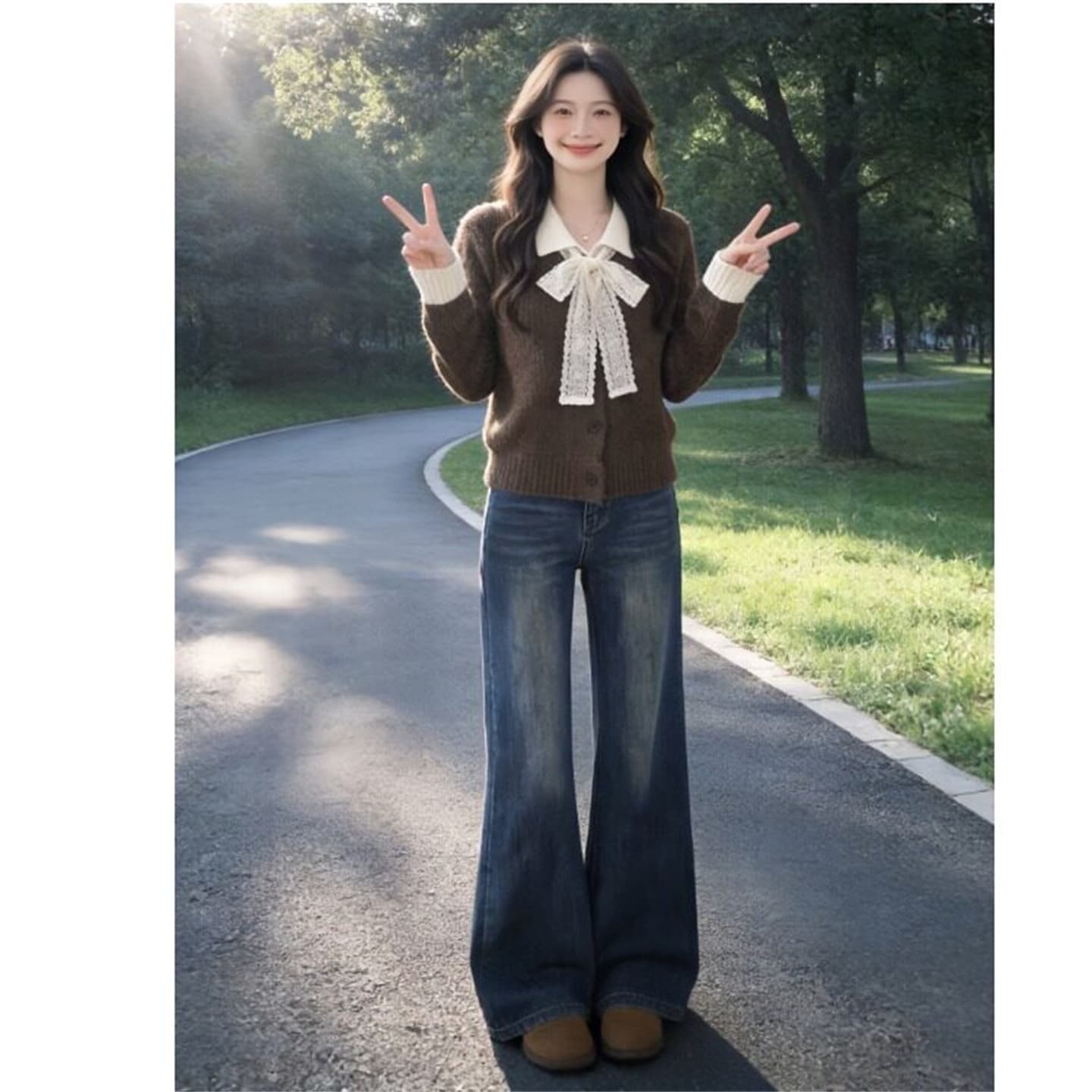 한 부서 분위기 센스 레이스 나비 매듭 스웨터 오픈 가디건 여성 가을 배색 POLO 칼라 와이드 부드러운 찹쌀 니트 재킷 이미지 5