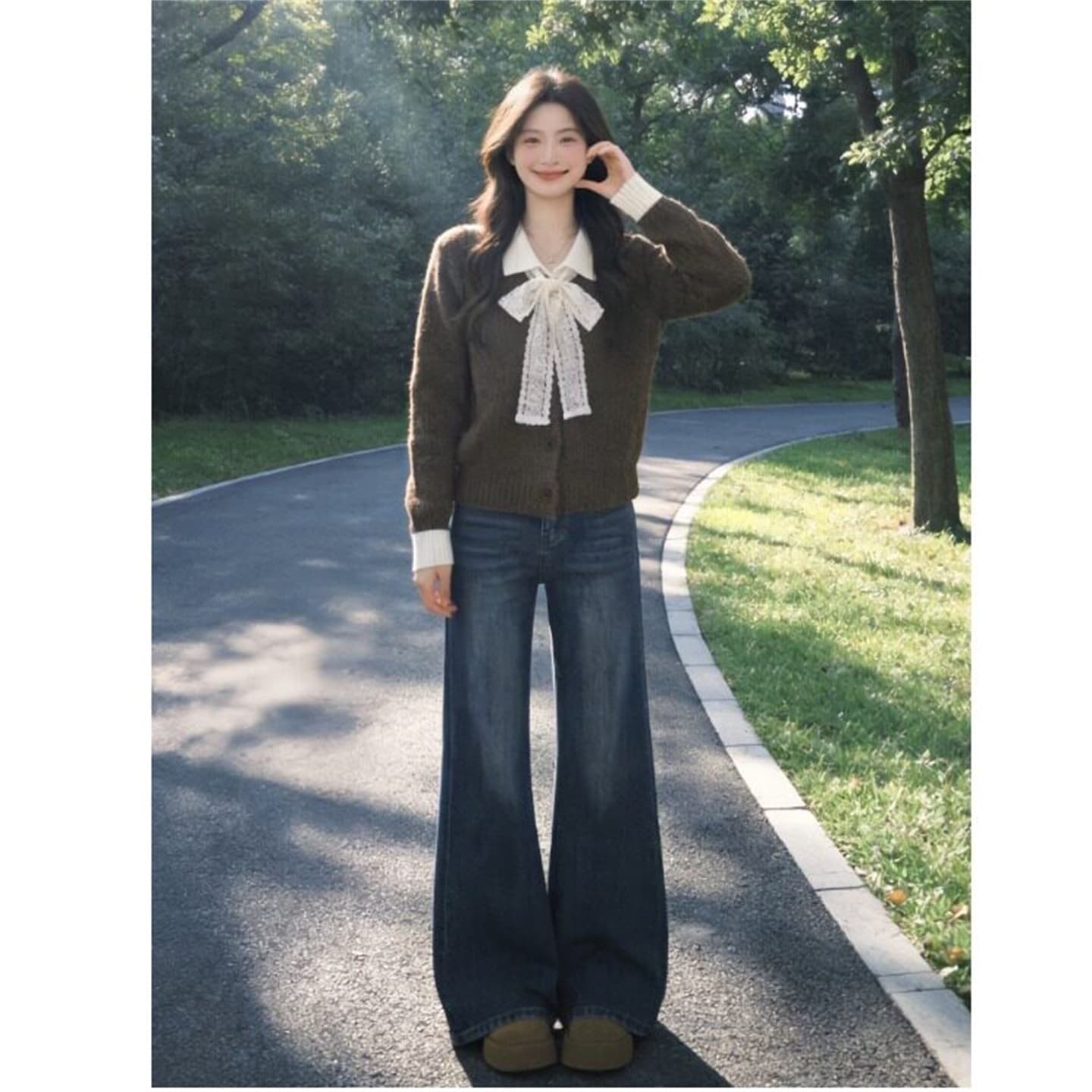 한 부서 분위기 센스 레이스 나비 매듭 스웨터 오픈 가디건 여성 가을 배색 POLO 칼라 와이드 부드러운 찹쌀 니트 재킷 이미지 3
