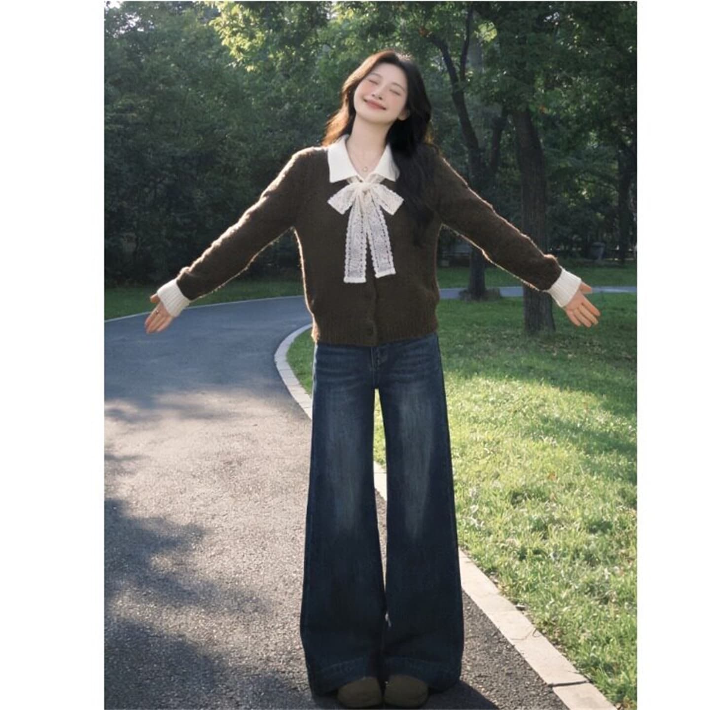 한 부서 분위기 센스 레이스 나비 매듭 스웨터 오픈 가디건 여성 가을 배색 POLO 칼라 와이드 부드러운 찹쌀 니트 재킷 이미지 2