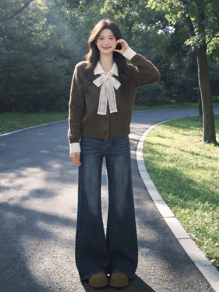 한 부서 분위기 센스 레이스 나비 매듭 스웨터 오픈 가디건 여성 가을 배색 POLO 칼라 와이드 부드러운 찹쌀 니트 재킷 상세 이미지 3