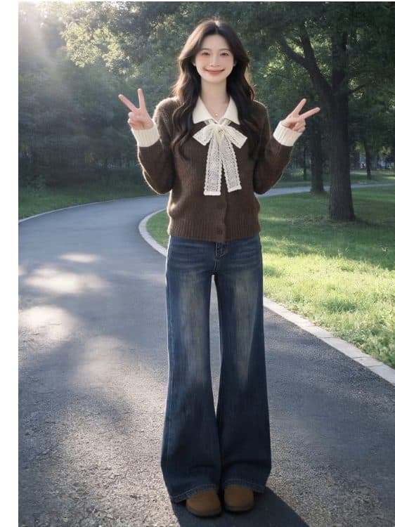 한 부서 분위기 센스 레이스 나비 매듭 스웨터 오픈 가디건 여성 가을 배색 POLO 칼라 와이드 부드러운 찹쌀 니트 재킷 상세 이미지 4