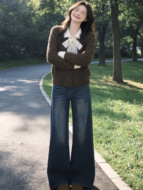 한 부서 분위기 센스 레이스 나비 매듭 스웨터 오픈 가디건 여성 가을 배색 POLO 칼라 와이드 부드러운 찹쌀 니트 재킷 상세 이미지 6