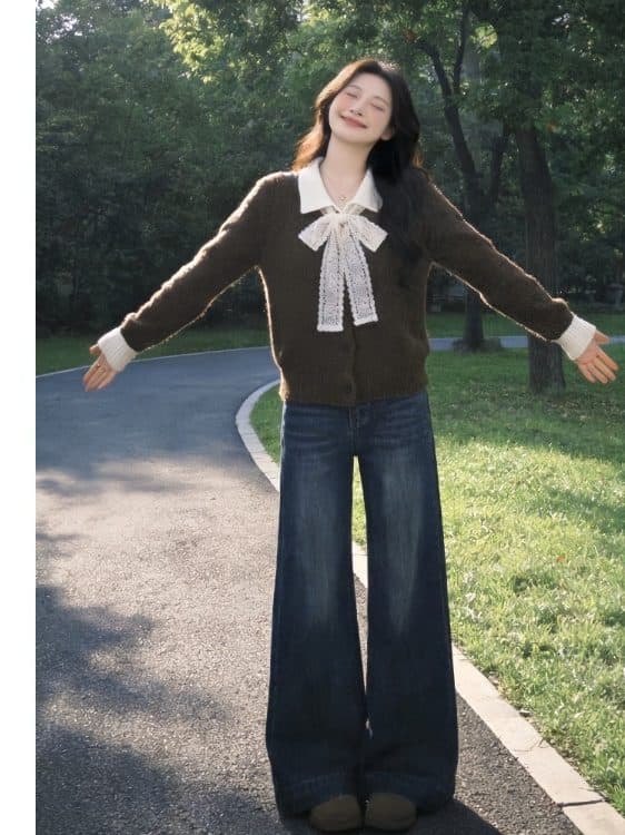 한 부서 분위기 센스 레이스 나비 매듭 스웨터 오픈 가디건 여성 가을 배색 POLO 칼라 와이드 부드러운 찹쌀 니트 재킷 상세 이미지 7