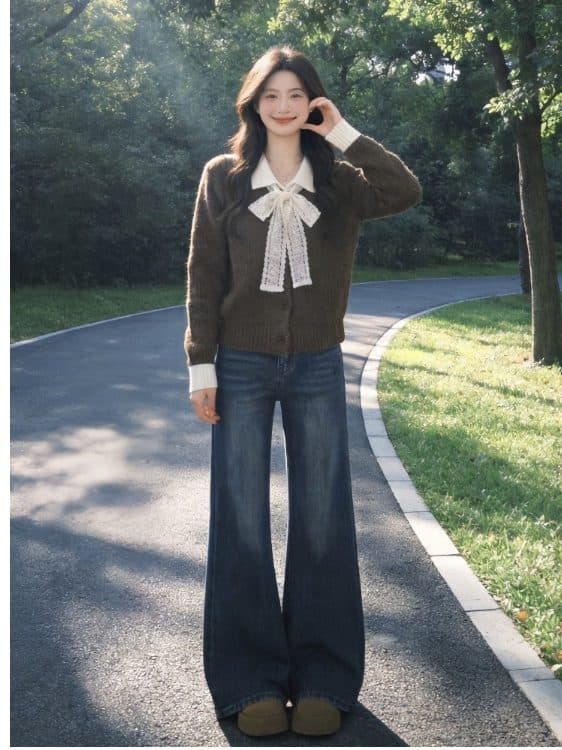 한 부서 분위기 센스 레이스 나비 매듭 스웨터 오픈 가디건 여성 가을 배색 POLO 칼라 와이드 부드러운 찹쌀 니트 재킷 상세 이미지 8
