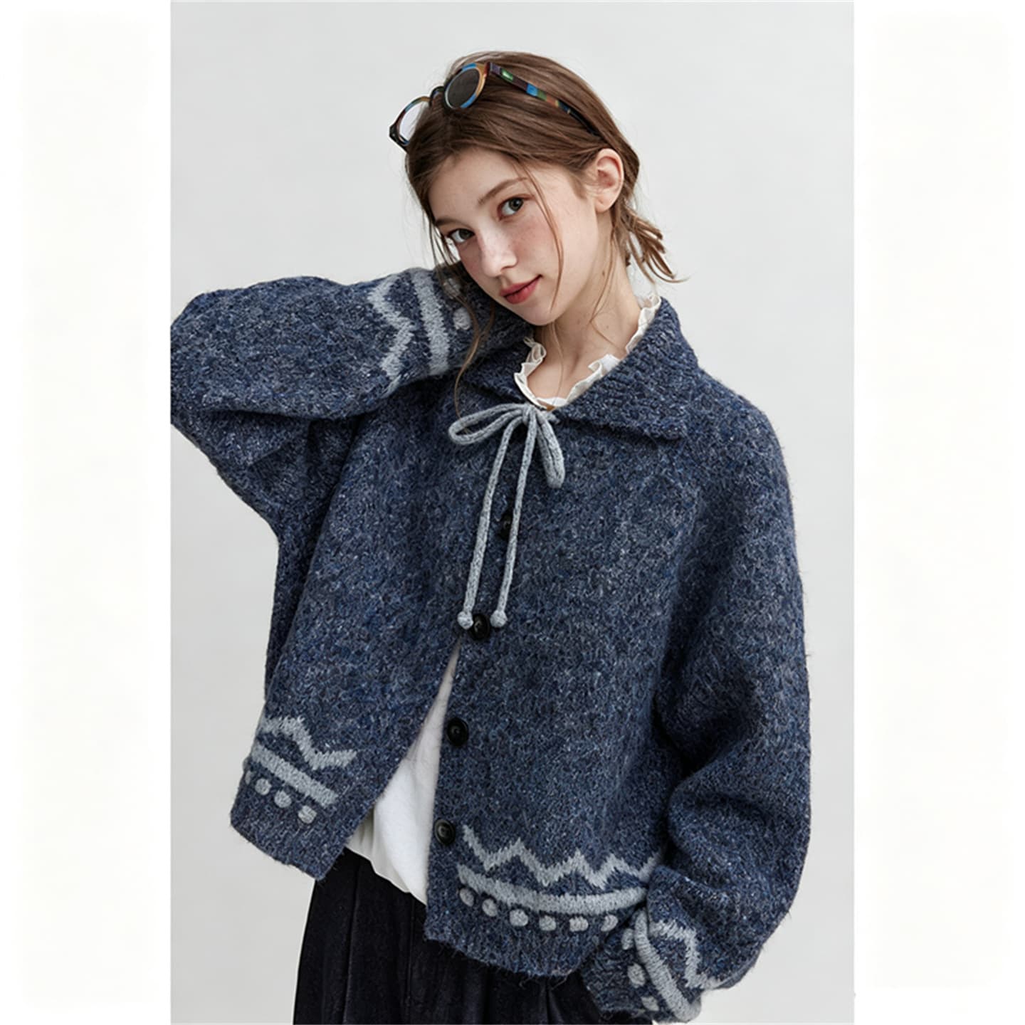가을 겨울 2026 새로운 그리드 레이 부서 폴로 칼라 레이스업 스웨터 오픈 가디건 레트로 자카드 니트 재킷 분위기 센스 이미지 2