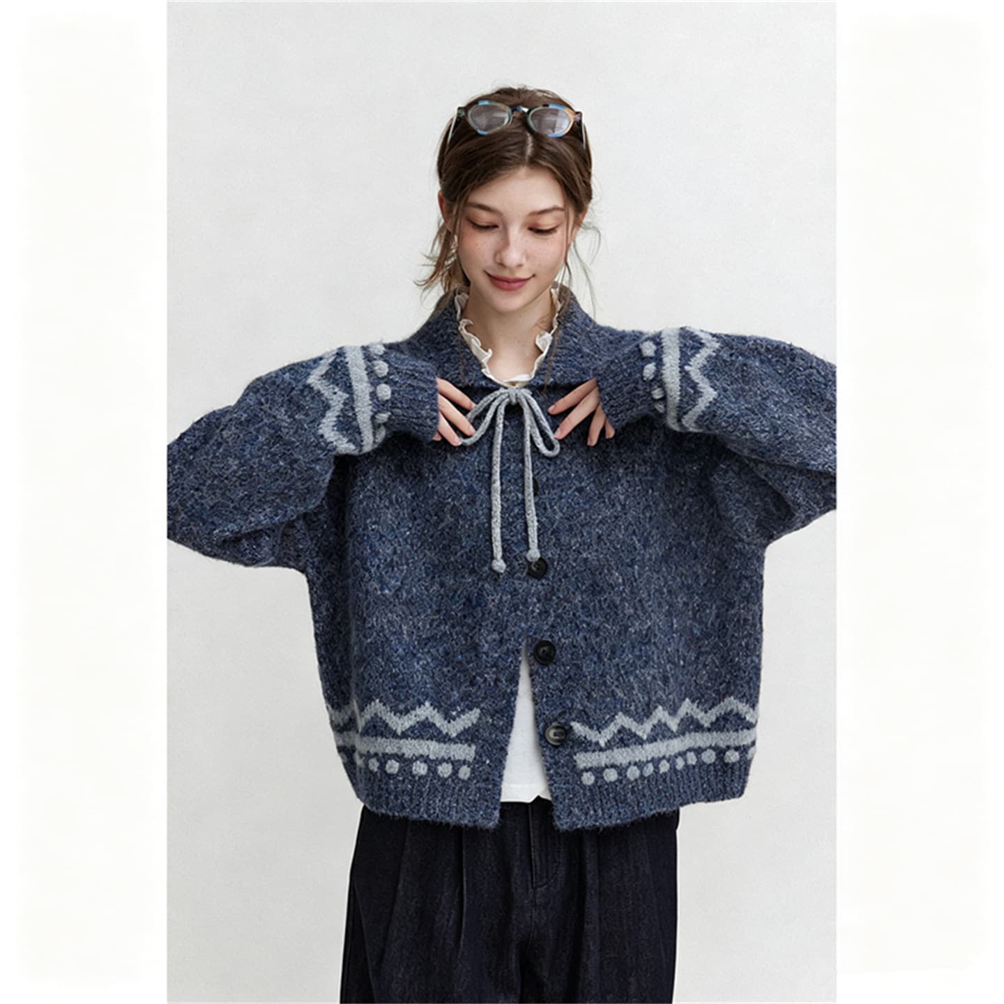 가을 겨울 2026 새로운 그리드 레이 부서 폴로 칼라 레이스업 스웨터 오픈 가디건 레트로 자카드 니트 재킷 분위기 센스