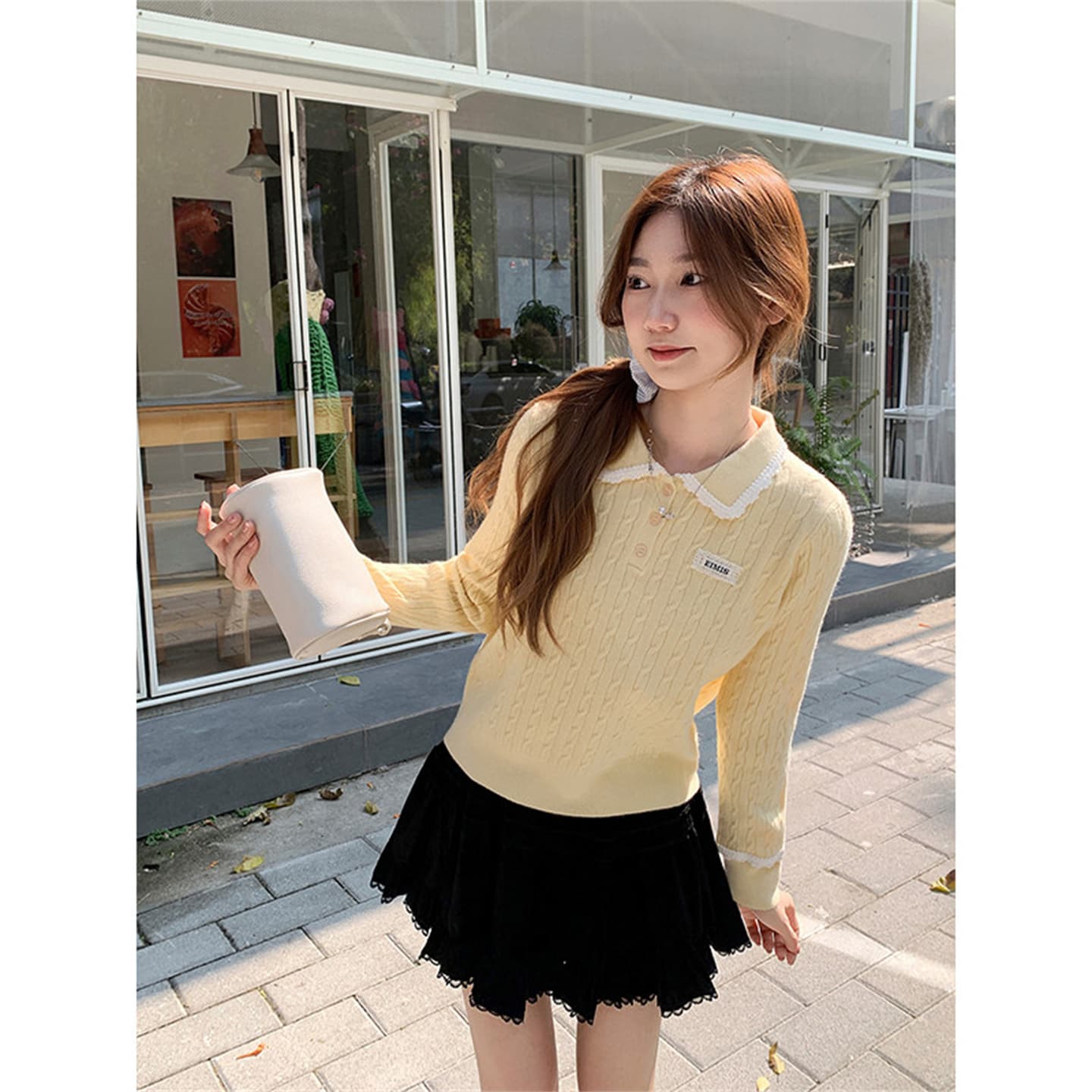 한 부서 레이스 레이스 POLO 칼라 막대기 표준 꽈배기 니트 스웨터 여자 2026 새로운 루즈핏 슬림해 보이는 만나는 맨위 이미지 5