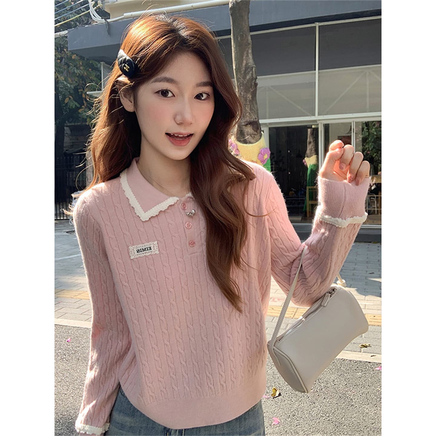 한 부서 레이스 레이스 POLO 칼라 막대기 표준 꽈배기 니트 스웨터 여자 2026 새로운 루즈핏 슬림해 보이는 만나는 맨위 이미지 4