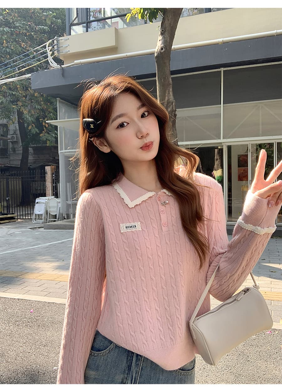 한 부서 레이스 레이스 POLO 칼라 막대기 표준 꽈배기 니트 스웨터 여자 2026 새로운 루즈핏 슬림해 보이는 만나는 맨위 상세 이미지 2