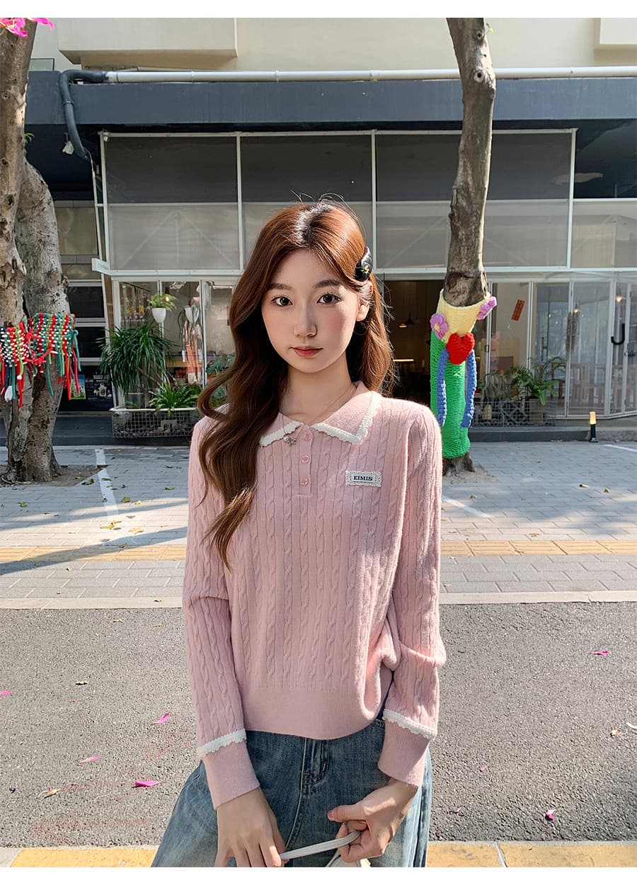 한 부서 레이스 레이스 POLO 칼라 막대기 표준 꽈배기 니트 스웨터 여자 2026 새로운 루즈핏 슬림해 보이는 만나는 맨위 상세 이미지 3