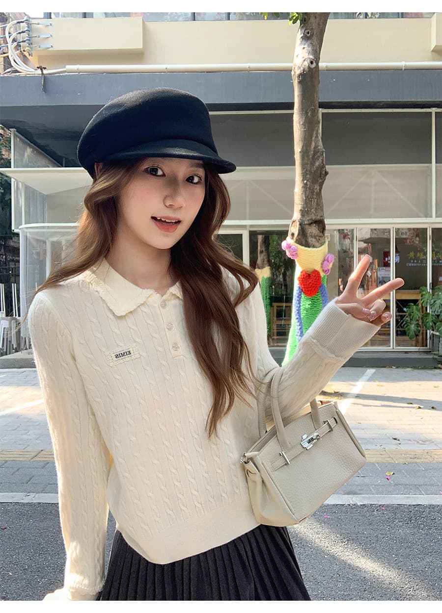 한 부서 레이스 레이스 POLO 칼라 막대기 표준 꽈배기 니트 스웨터 여자 2026 새로운 루즈핏 슬림해 보이는 만나는 맨위 상세 이미지 5