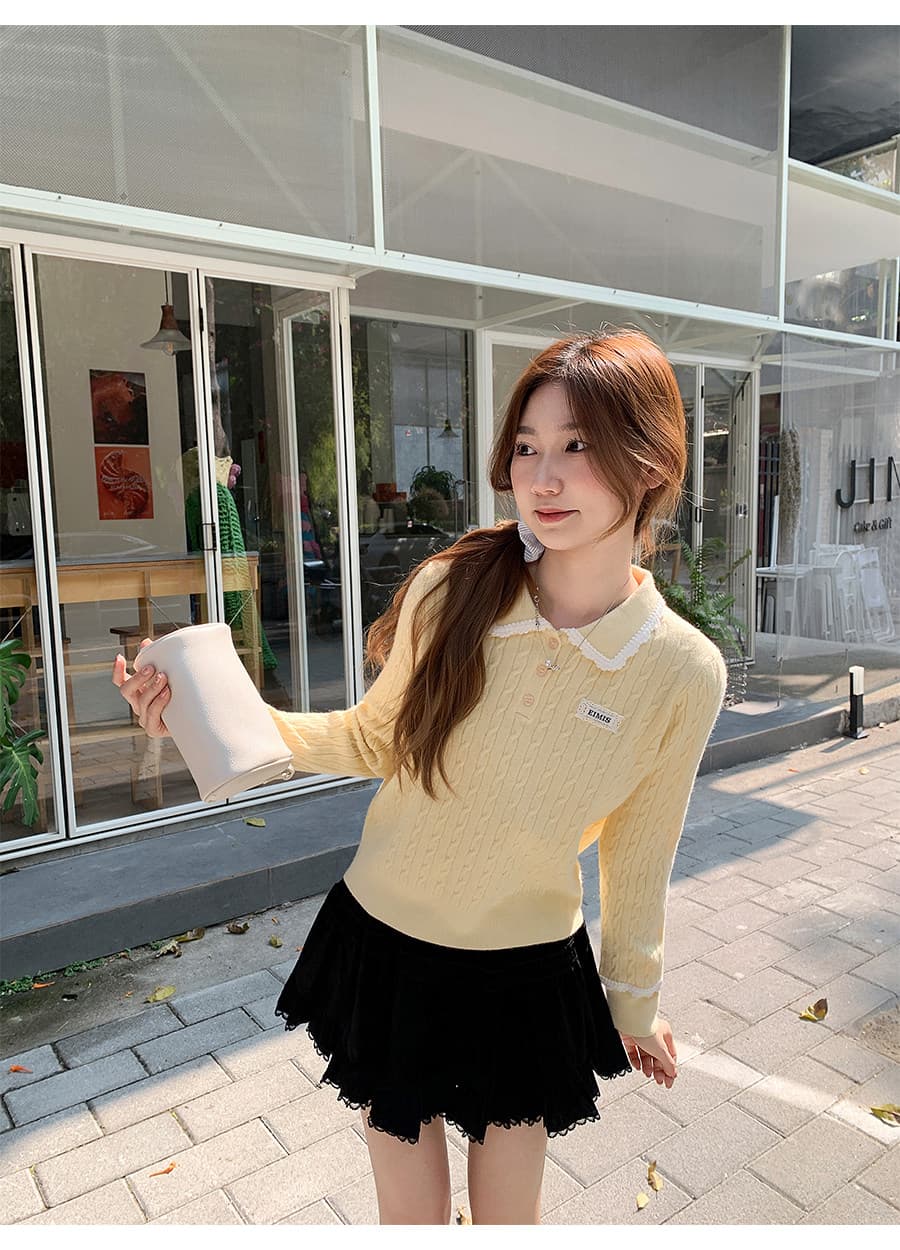한 부서 레이스 레이스 POLO 칼라 막대기 표준 꽈배기 니트 스웨터 여자 2026 새로운 루즈핏 슬림해 보이는 만나는 맨위 상세 이미지 8