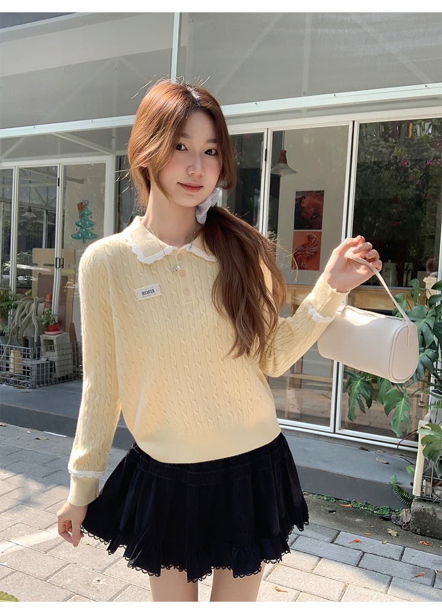 한 부서 레이스 레이스 POLO 칼라 막대기 표준 꽈배기 니트 스웨터 여자 2026 새로운 루즈핏 슬림해 보이는 만나는 맨위 상세 이미지 10