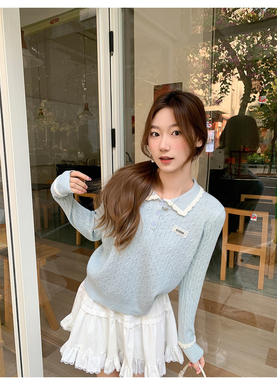 한 부서 레이스 레이스 POLO 칼라 막대기 표준 꽈배기 니트 스웨터 여자 2026 새로운 루즈핏 슬림해 보이는 만나는 맨위 상세 이미지 11