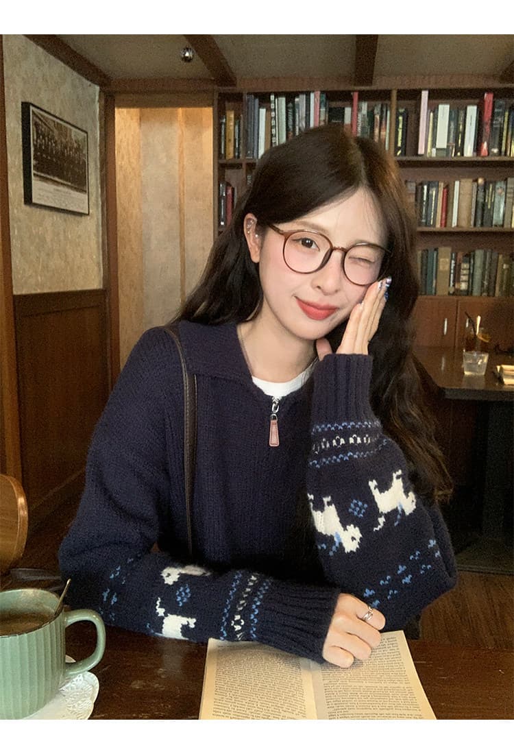 토지 작은 그룹 만화 강아지 스웨터 여성 코트 2026 가을 레트로 디자인 센스 루즈핏 다용도 느긋한 맨위 상세 이미지 1