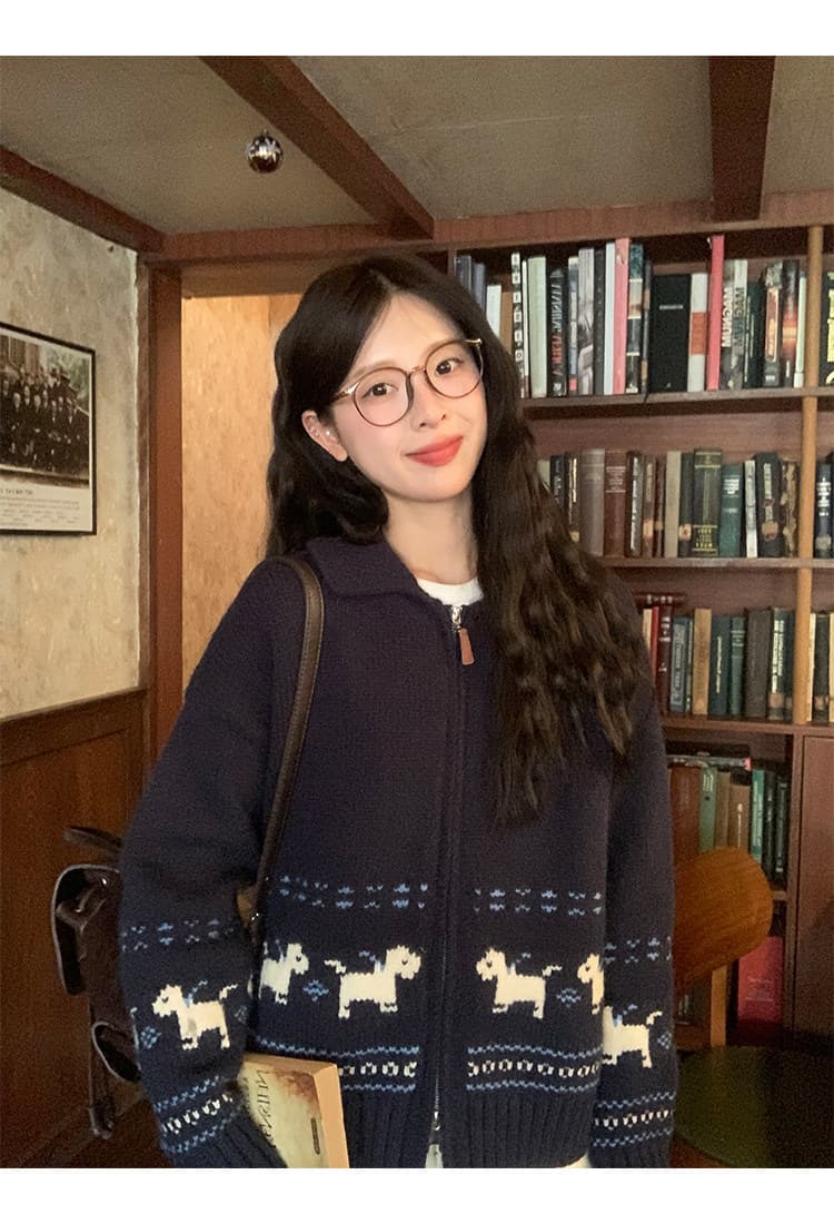 토지 작은 그룹 만화 강아지 스웨터 여성 코트 2026 가을 레트로 디자인 센스 루즈핏 다용도 느긋한 맨위 상세 이미지 4