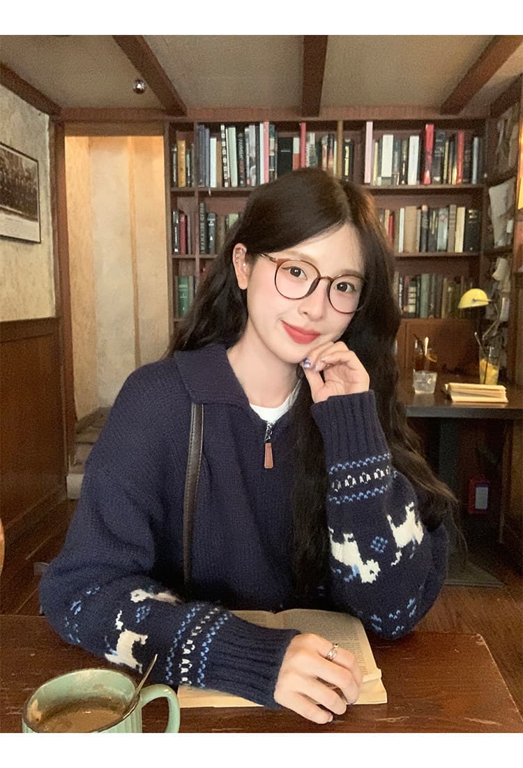 토지 작은 그룹 만화 강아지 스웨터 여성 코트 2026 가을 레트로 디자인 센스 루즈핏 다용도 느긋한 맨위 상세 이미지 12