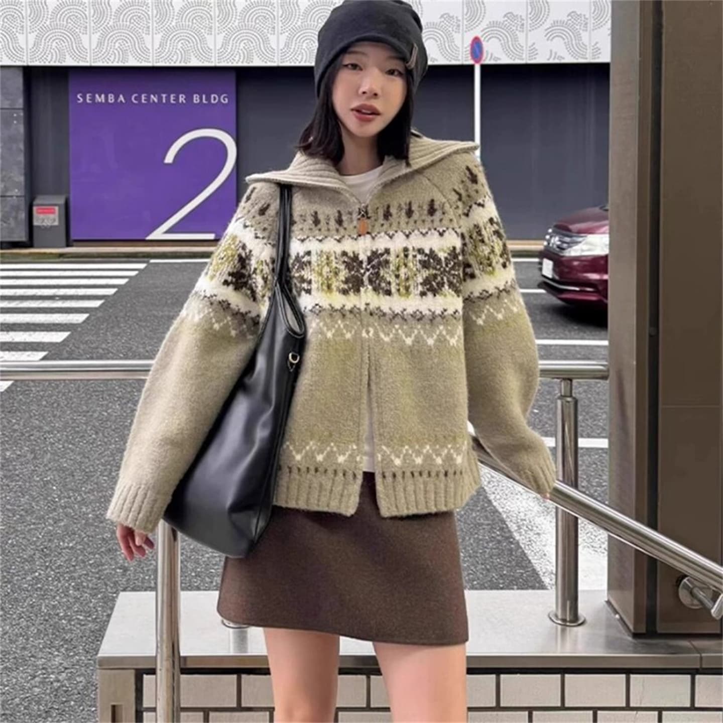 공정한 섬 레트로 자카드 폴로 칼라 더블 지퍼 긴팔 스웨터 여성 코트 루즈핏 느긋한 바람 니트 오픈 가디건 맨위 이미지 2