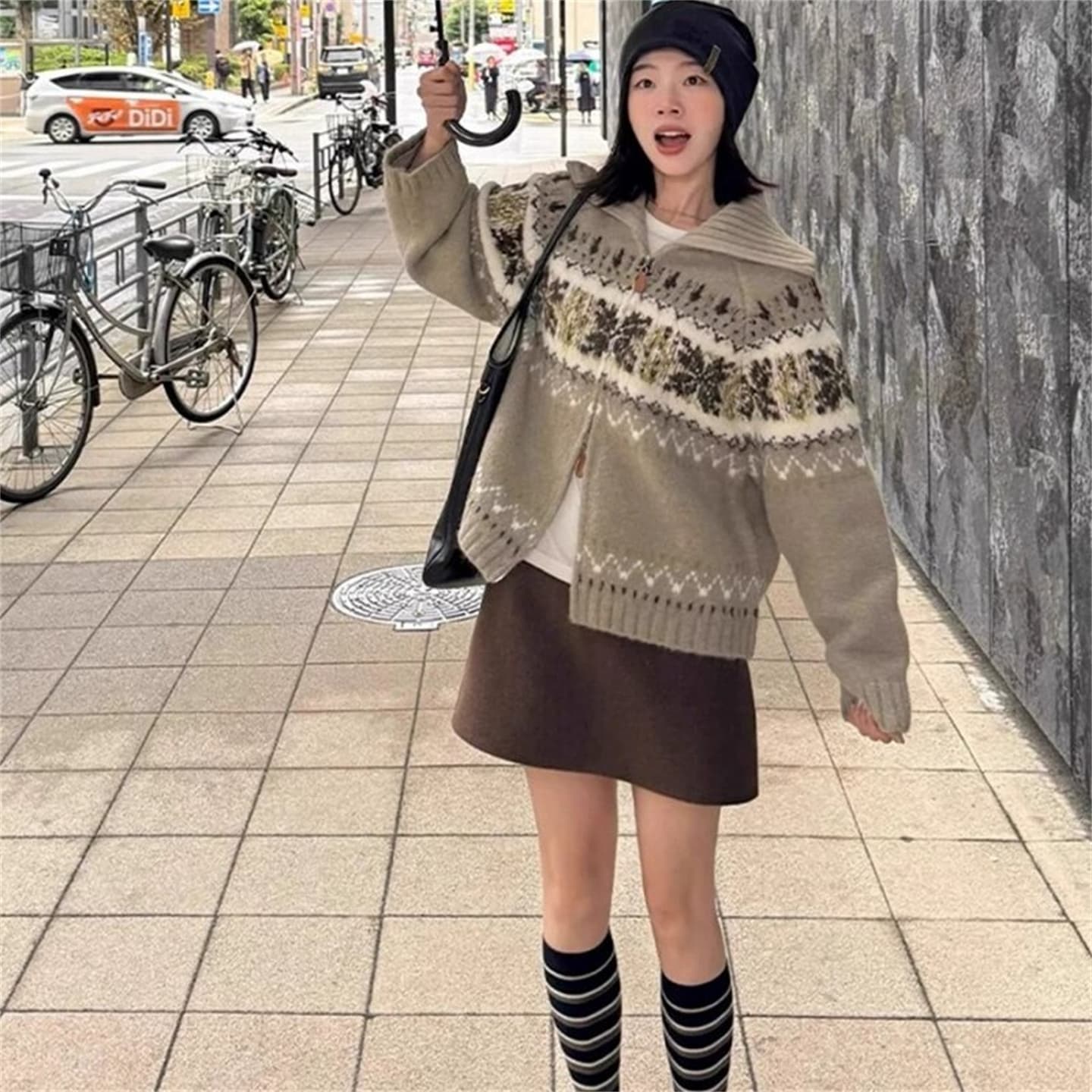 공정한 섬 레트로 자카드 폴로 칼라 더블 지퍼 긴팔 스웨터 여성 코트 루즈핏 느긋한 바람 니트 오픈 가디건 맨위 이미지 5