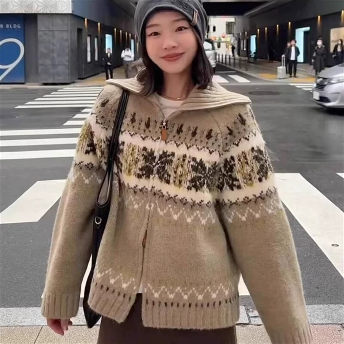 공정한 섬 레트로 자카드 폴로 칼라 더블 지퍼 긴팔 스웨터 여성 코트 루즈핏 느긋한 바람 니트 오픈 가디건 맨위 이미지 3