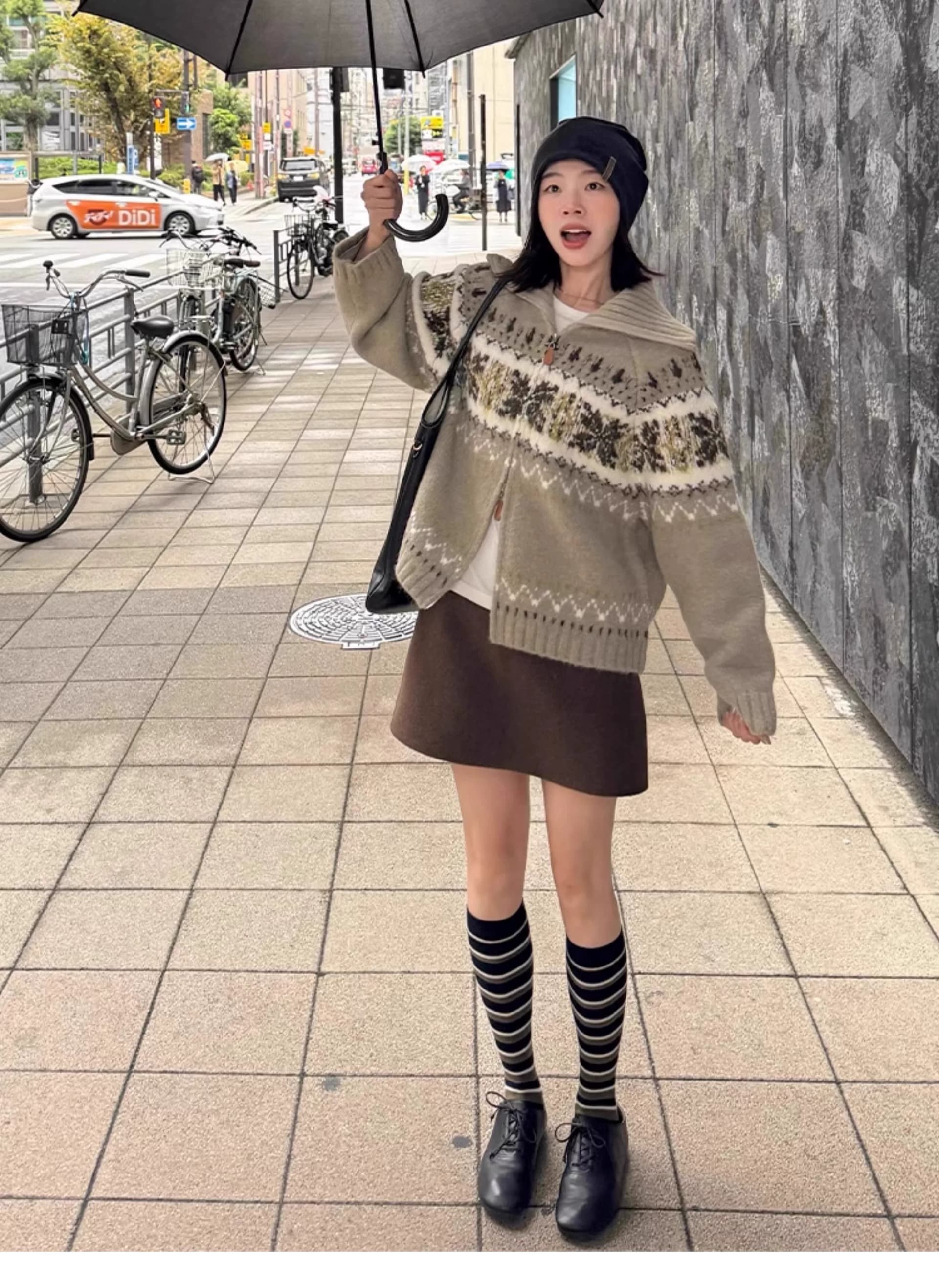 공정한 섬 레트로 자카드 폴로 칼라 더블 지퍼 긴팔 스웨터 여성 코트 루즈핏 느긋한 바람 니트 오픈 가디건 맨위 상세 이미지 2