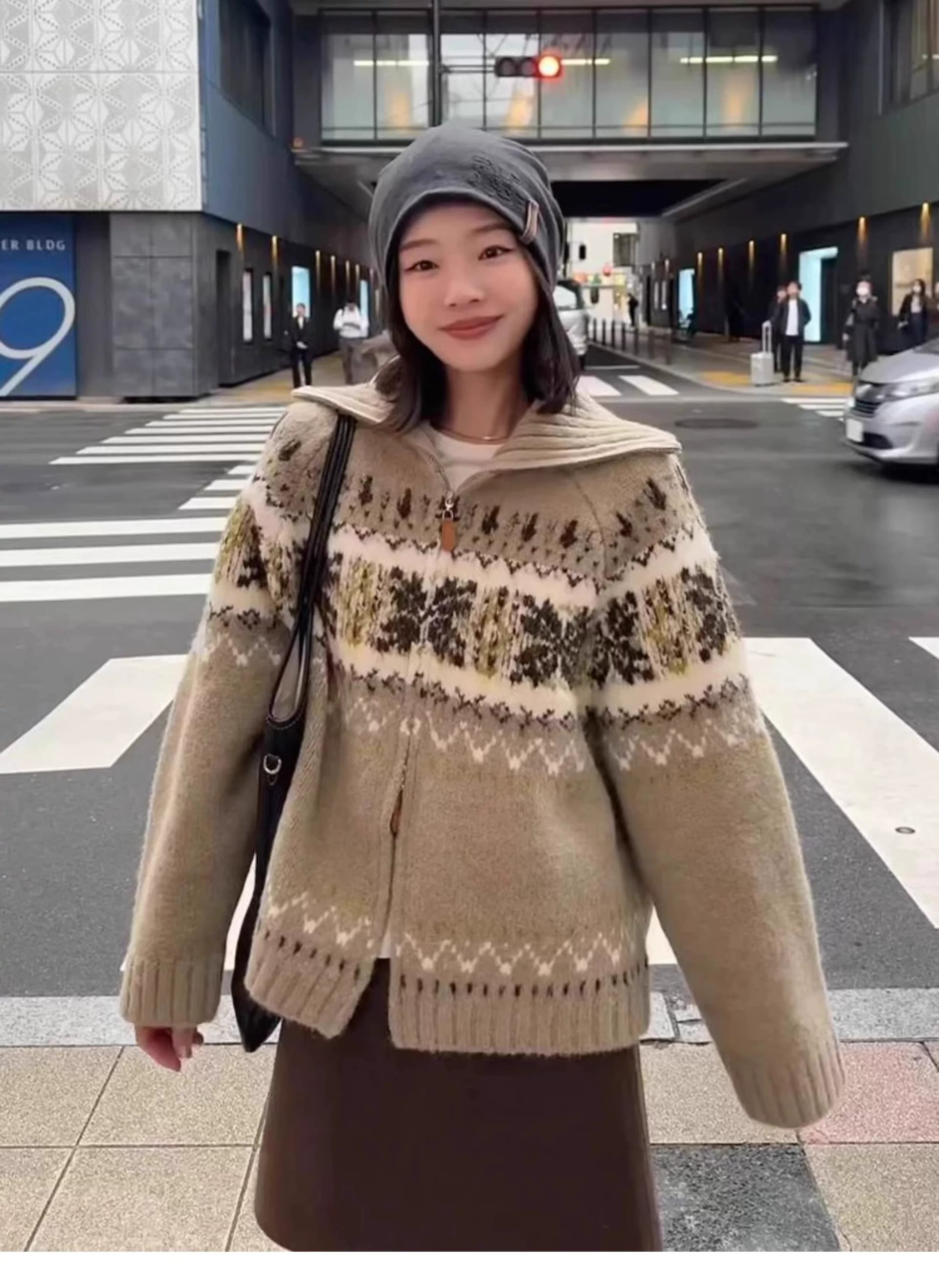 공정한 섬 레트로 자카드 폴로 칼라 더블 지퍼 긴팔 스웨터 여성 코트 루즈핏 느긋한 바람 니트 오픈 가디건 맨위 상세 이미지 4