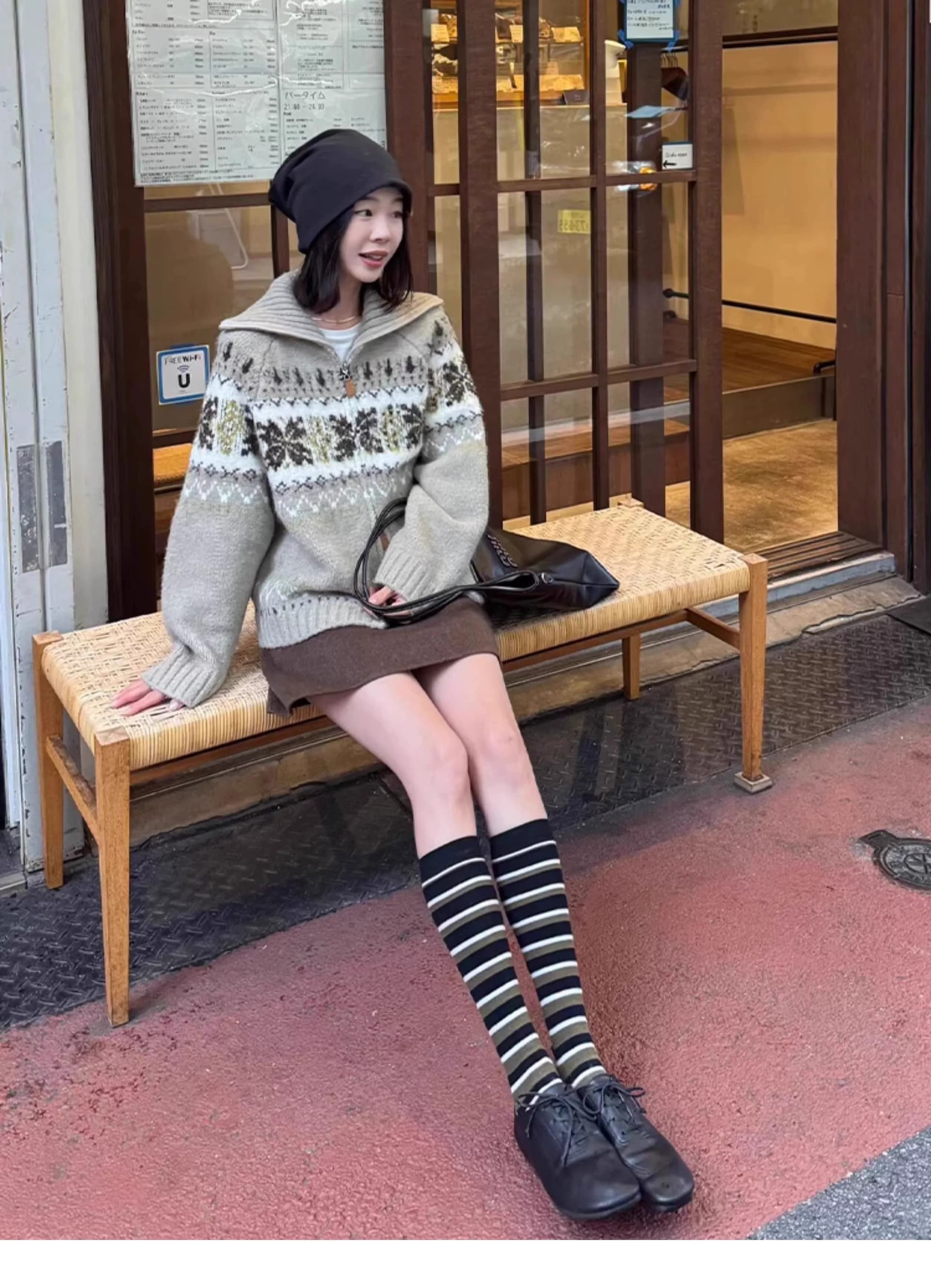 공정한 섬 레트로 자카드 폴로 칼라 더블 지퍼 긴팔 스웨터 여성 코트 루즈핏 느긋한 바람 니트 오픈 가디건 맨위 상세 이미지 6