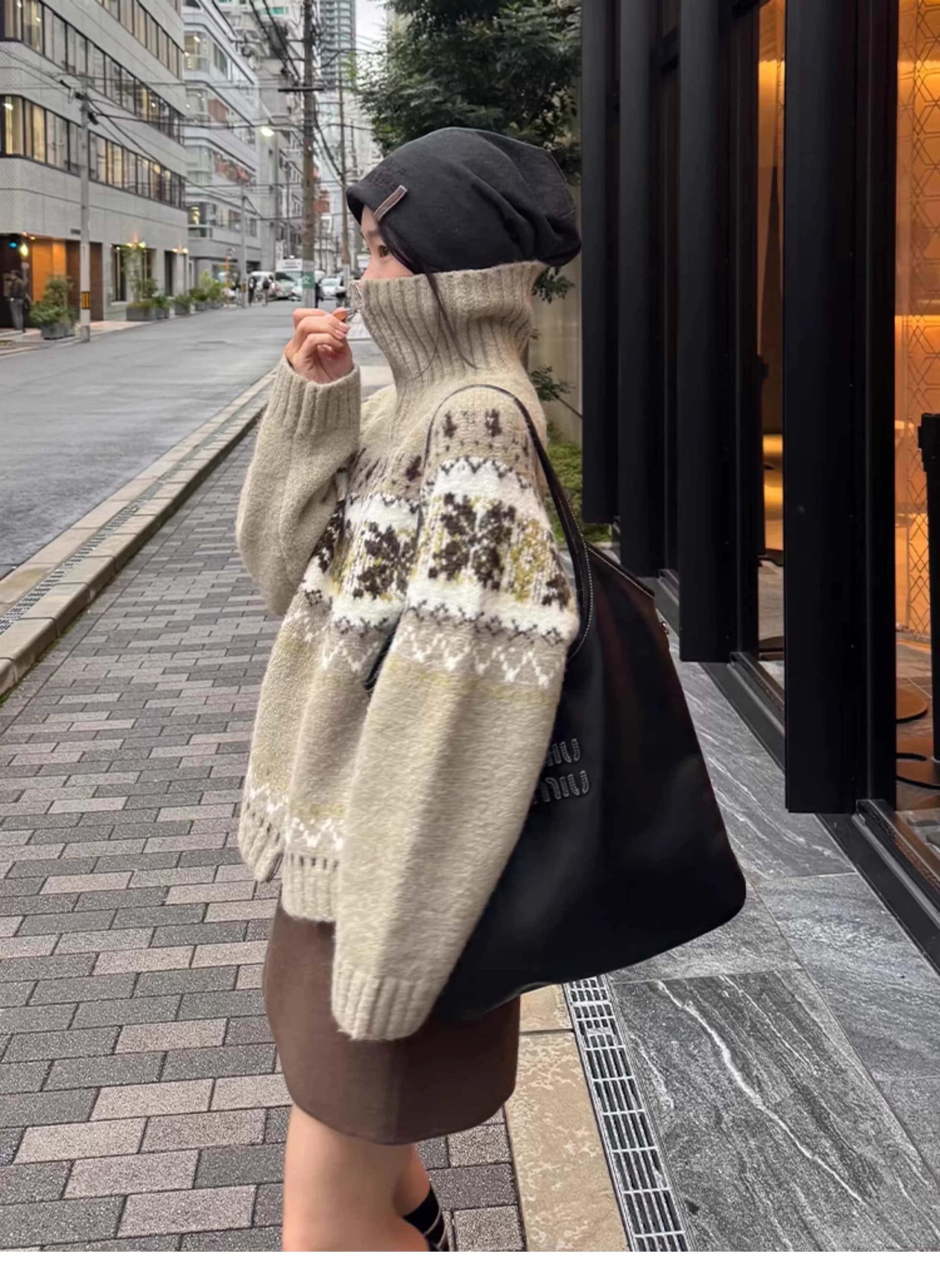 공정한 섬 레트로 자카드 폴로 칼라 더블 지퍼 긴팔 스웨터 여성 코트 루즈핏 느긋한 바람 니트 오픈 가디건 맨위 상세 이미지 9