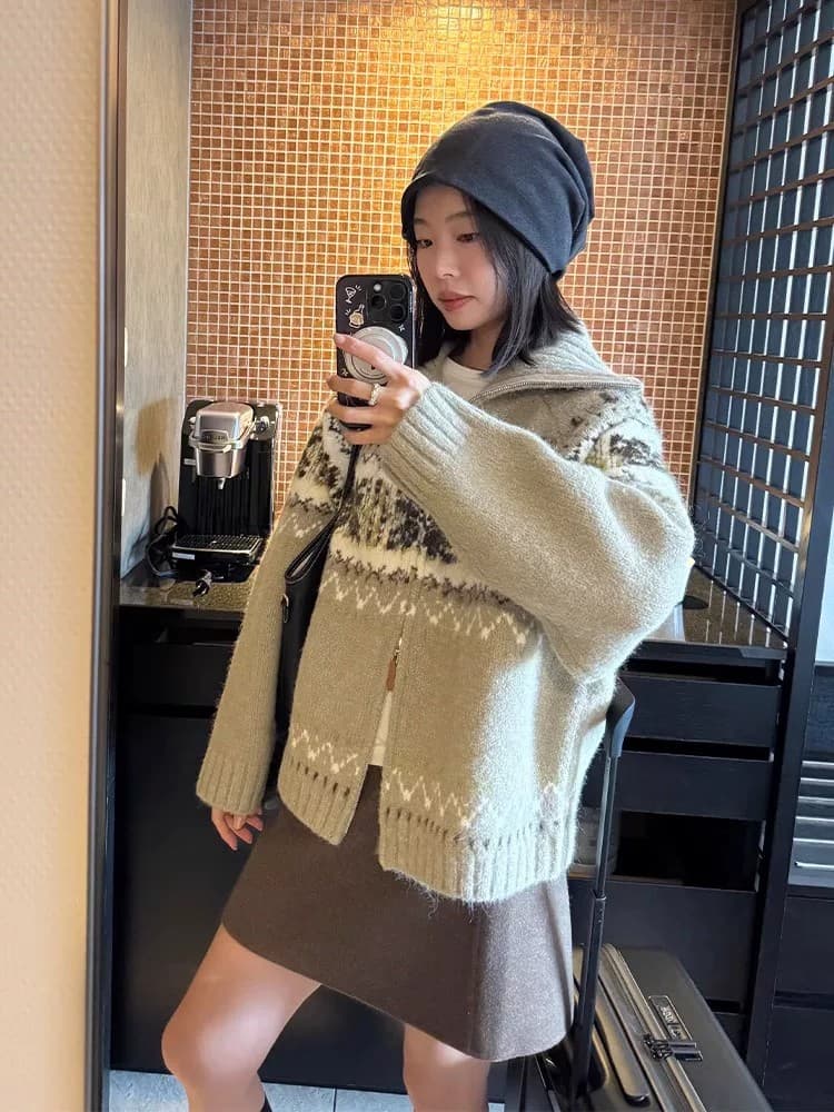 공정한 섬 레트로 자카드 폴로 칼라 더블 지퍼 긴팔 스웨터 여성 코트 루즈핏 느긋한 바람 니트 오픈 가디건 맨위 상세 이미지 10