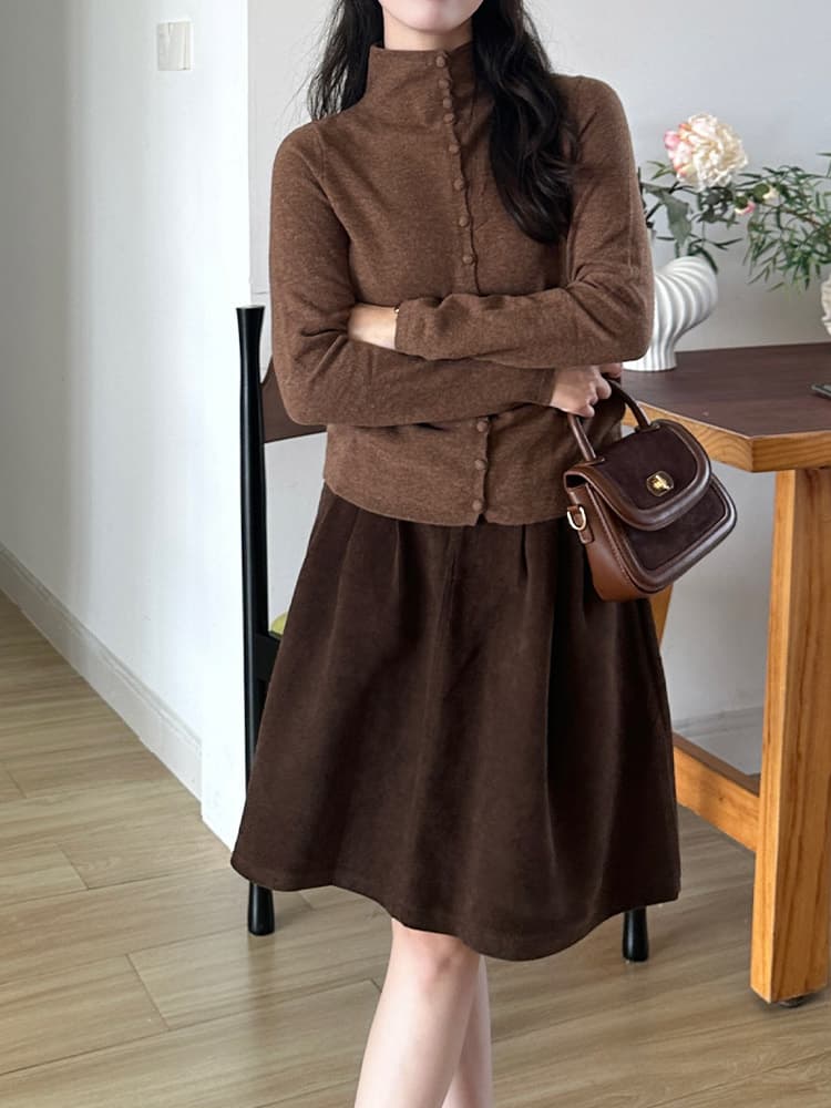 아름다움 라드. 바람 코듀로이 반신 스커트 여성 가을 겨울 중간 길이 하이웨이스트 A라인 스커트 슬림해 보이는 커피 색상 주머니 퍼프 스커트 상세 이미지 7