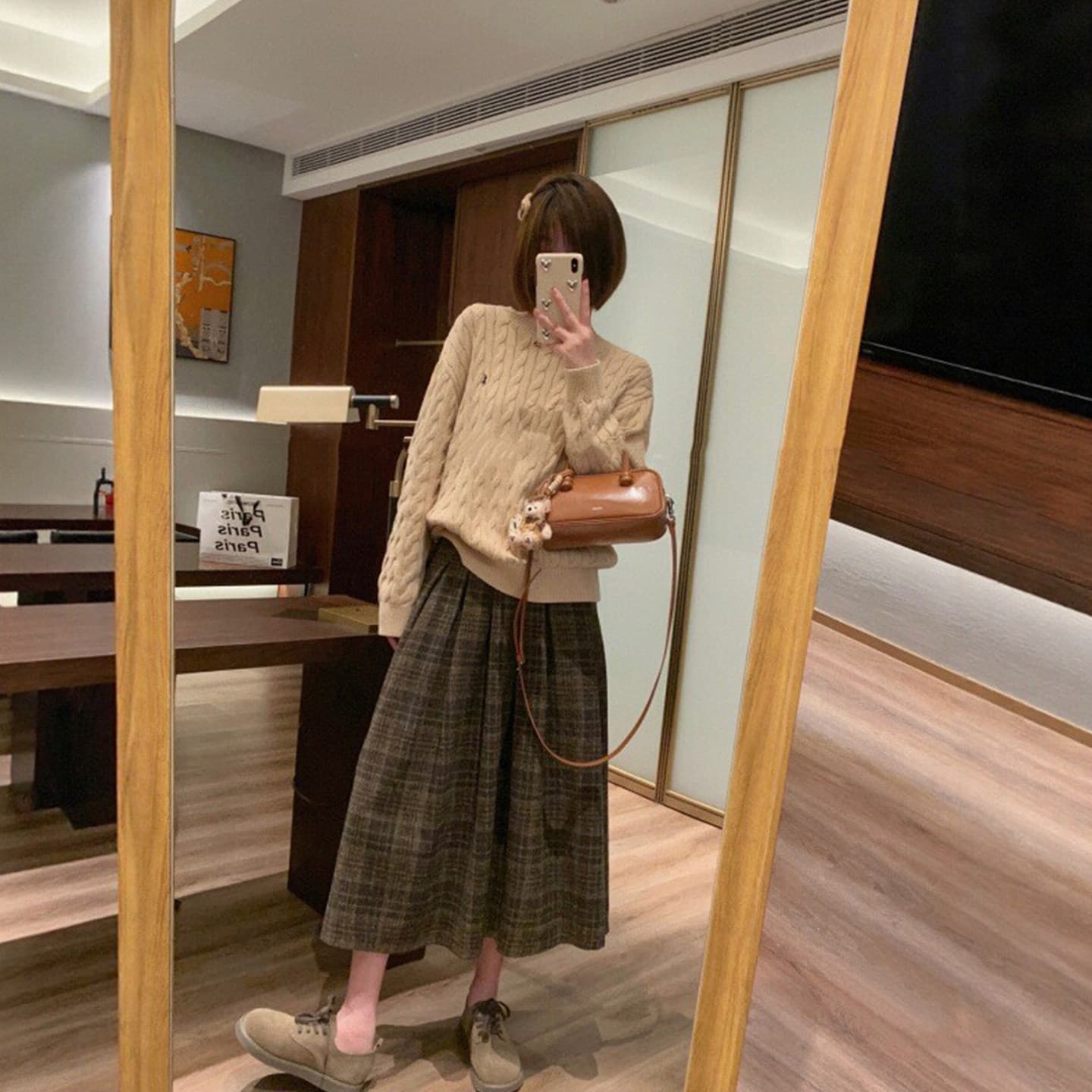 레트로 모직 한 마디 체크무늬 반신 스커트 여성 가을 겨울 새로운 슬림해 보이는 브라운 롱 스커트 배 모양 버클리 치마 이미지 2