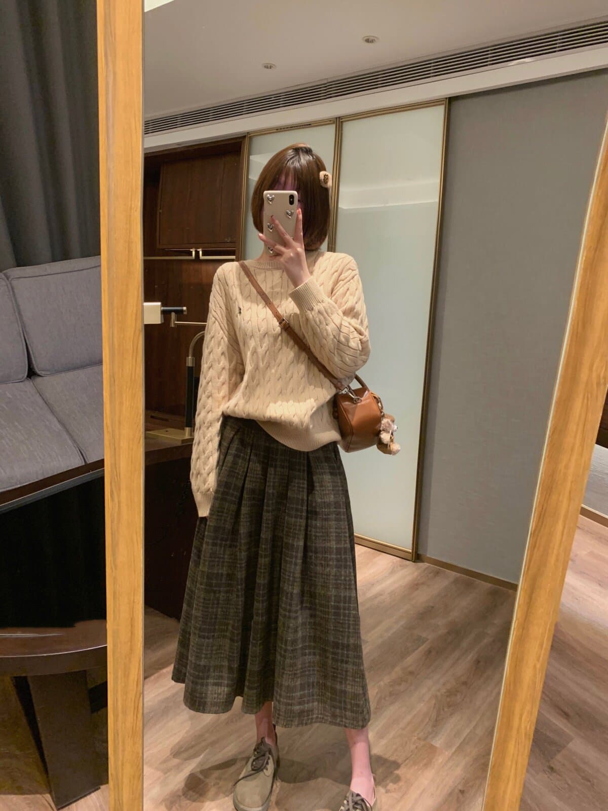 레트로 모직 한 마디 체크무늬 반신 스커트 여성 가을 겨울 새로운 슬림해 보이는 브라운 롱 스커트 배 모양 버클리 치마 상세 이미지 4