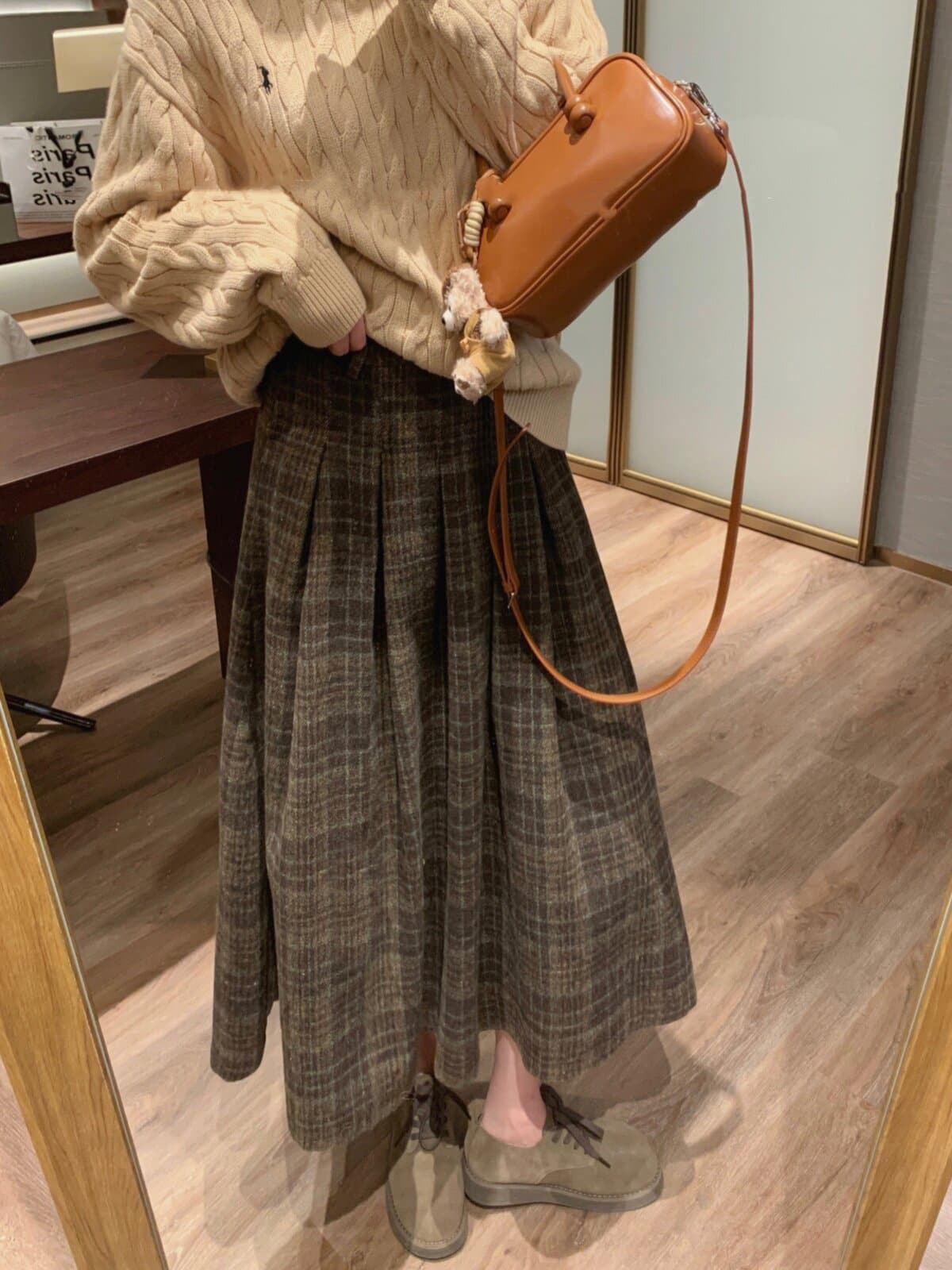 레트로 모직 한 마디 체크무늬 반신 스커트 여성 가을 겨울 새로운 슬림해 보이는 브라운 롱 스커트 배 모양 버클리 치마 상세 이미지 5