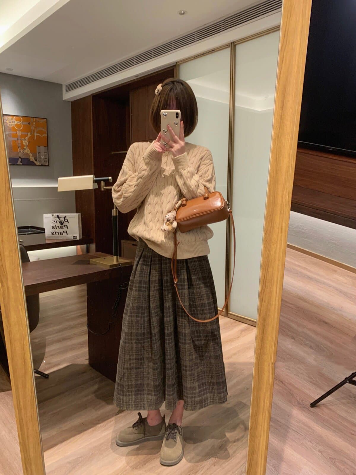 레트로 모직 한 마디 체크무늬 반신 스커트 여성 가을 겨울 새로운 슬림해 보이는 브라운 롱 스커트 배 모양 버클리 치마 상세 이미지 8