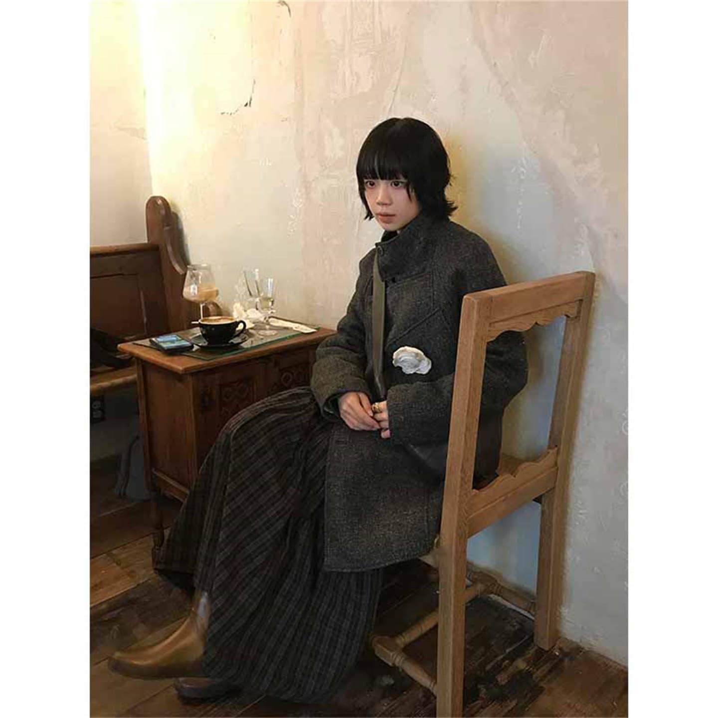 2026 가을 겨울 체크무늬 레이스 분할 중간 길이 반신 스커트 여성 레트로 허리밴드 다용도 한 마디 큰 진자 우산 치마