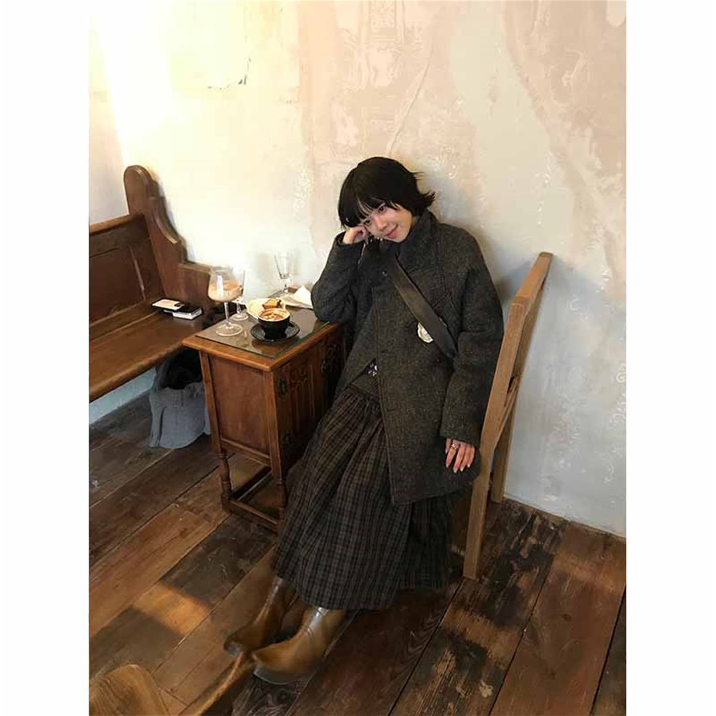2026 가을 겨울 체크무늬 레이스 분할 중간 길이 반신 스커트 여성 레트로 허리밴드 다용도 한 마디 큰 진자 우산 치마 이미지 5
