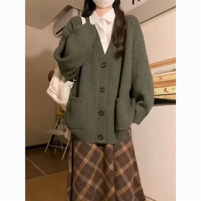 세트 여성 가을 학원 스타일 착용 가져 가라. 녹색 오픈 가디건 스웨터 코트 체크무늬 반신 스커트 투피스 세트 이미지 4