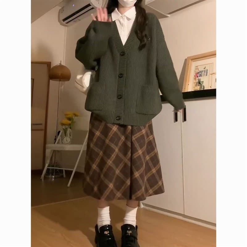 세트 여성 가을 학원 스타일 착용 가져 가라. 녹색 오픈 가디건 스웨터 코트 체크무늬 반신 스커트 투피스 세트