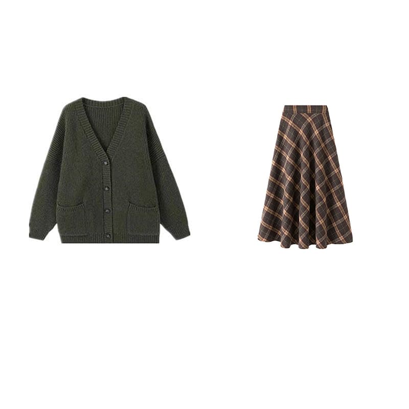 세트 여성 가을 학원 스타일 착용 가져 가라. 녹색 오픈 가디건 스웨터 코트 체크무늬 반신 스커트 투피스 세트 이미지 5