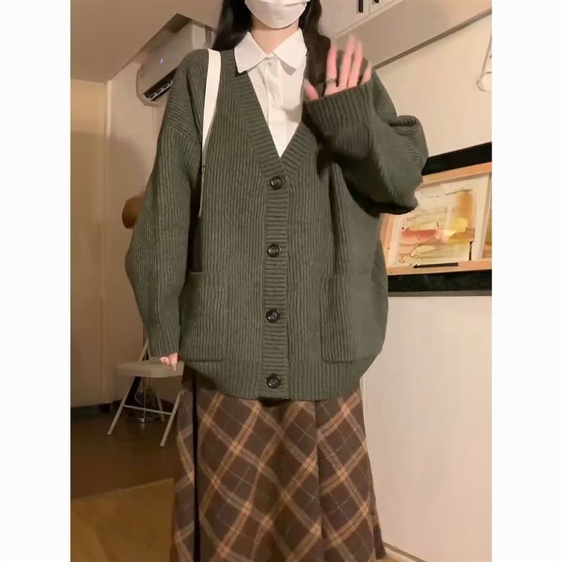 세트 여성 가을 학원 스타일 착용 가져 가라. 녹색 오픈 가디건 스웨터 코트 체크무늬 반신 스커트 투피스 세트 상세 이미지 1